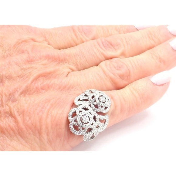 Authentic! Chanel Camellia Two Flower 18k White Gold Diamond Ring - Picture 12 of 12